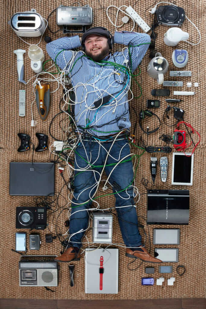 overhead shot of DJ Downsy with electricals photo by Gregg Segal