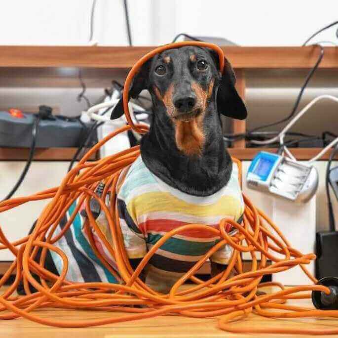 sausage dog wearing a stripy jumper tangled up in orange cables looking directly at the camera