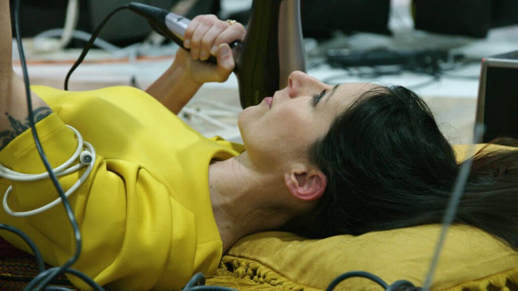 close up side shot of Natalie Fee with electricals. Photo by Gregg Segal.