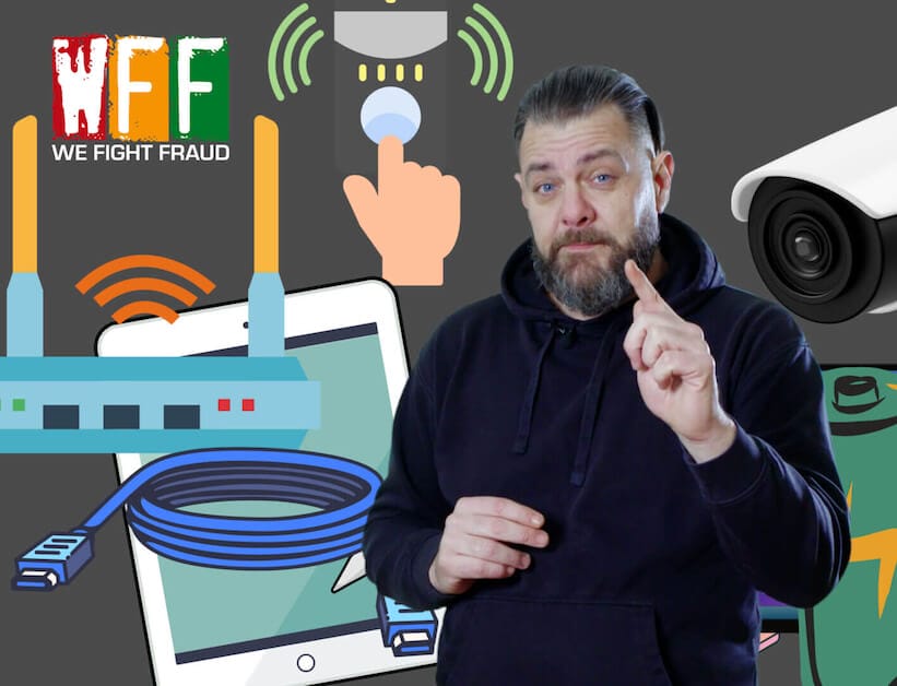Tony Sales from We Fight Fraud talking to camera with electrical graphics in the background