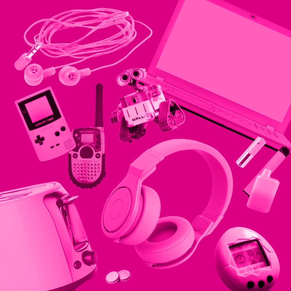 Floating electrical items, including Wall-E and headphones, in a pink haze against a bright pink backdrop.