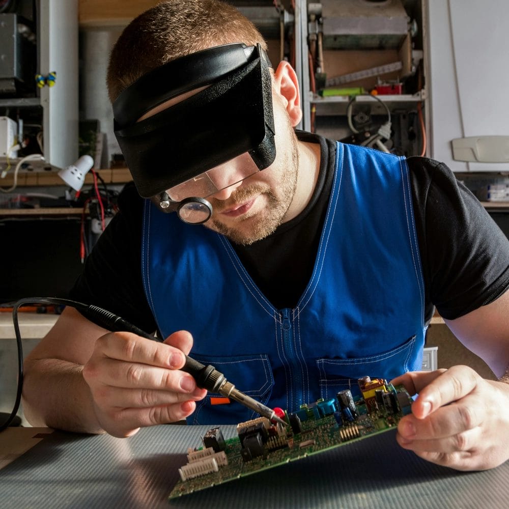 Light skinned man fixing a circuit board in a workshop, wearing a magnifying visor, holding a soldering iron in one hand and the circuit board tilted in the other.