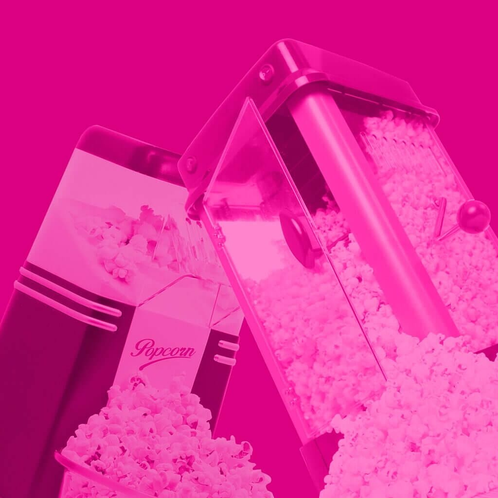 RYE0404_Infographics_Popcorn maker Floating vintage style popcorn makers in a pink haze against a bright pink backdrop