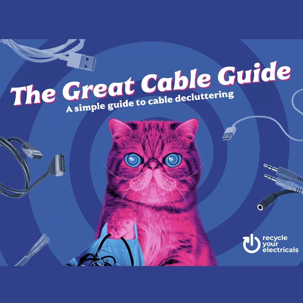RYE Resources Cable Guide cover 1000px a cover for the great cable guide featuring HypnoCat - a pink fluffy persian cat with a blue swirling background and various small electrical devices swirling around his head